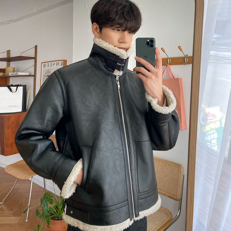 MYQ lamb fur hair male jacket short fur collar leather jacket winter plus velvet thick leather tide