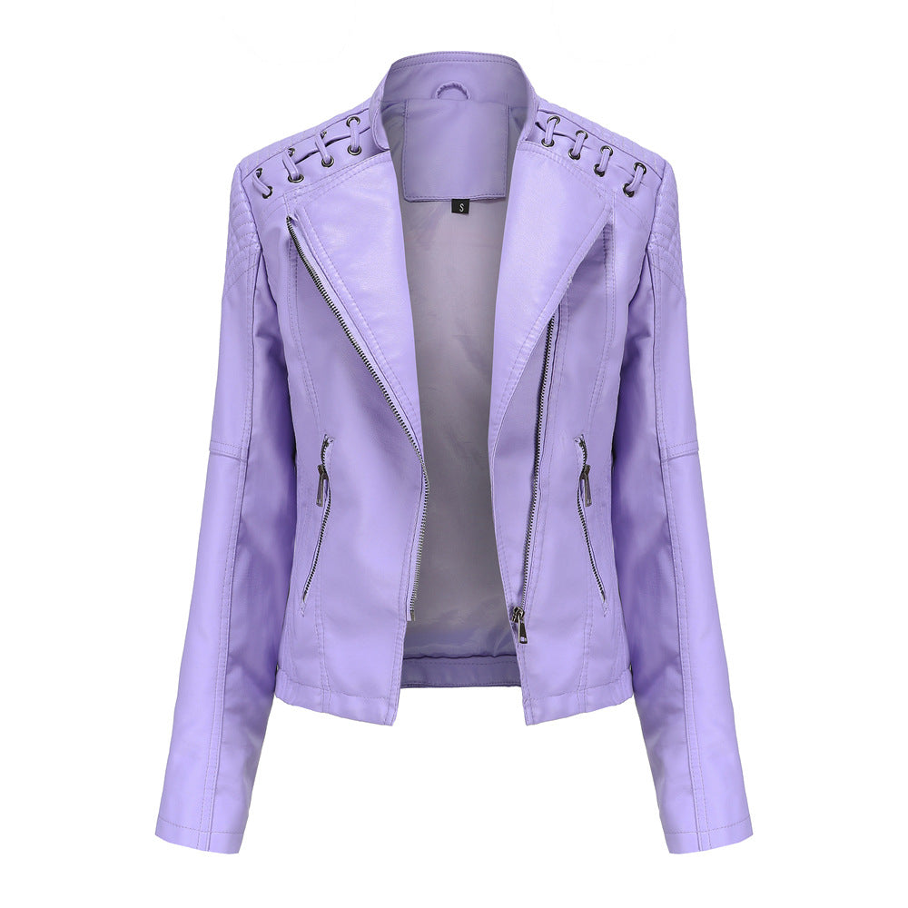 2021 cross-border European code new spring and autumn women's leather jacket women's short jacket slim thin leather jacket ladies motorcycle clothing