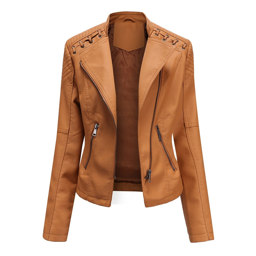 2021 cross-border European code new spring and autumn women's leather jacket women's short jacket slim thin leather jacket ladies motorcycle clothing