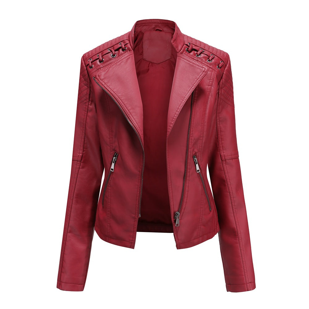 2021 cross-border European code new spring and autumn women's leather jacket women's short jacket slim thin leather jacket ladies motorcycle clothing