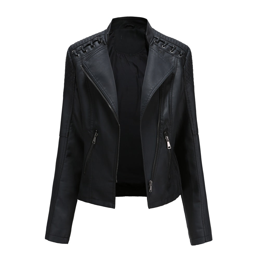 2021 cross-border European code new spring and autumn women's leather jacket women's short jacket slim thin leather jacket ladies motorcycle clothing