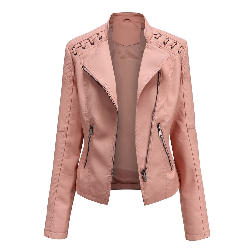 2021 cross-border European code new spring and autumn women's leather jacket women's short jacket slim thin leather jacket ladies motorcycle clothing