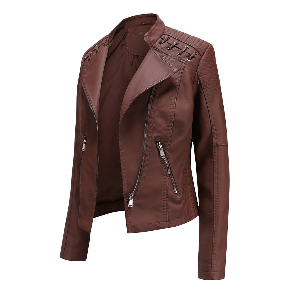 2021 cross-border European code new spring and autumn women's leather jacket women's short jacket slim thin leather jacket ladies motorcycle clothing