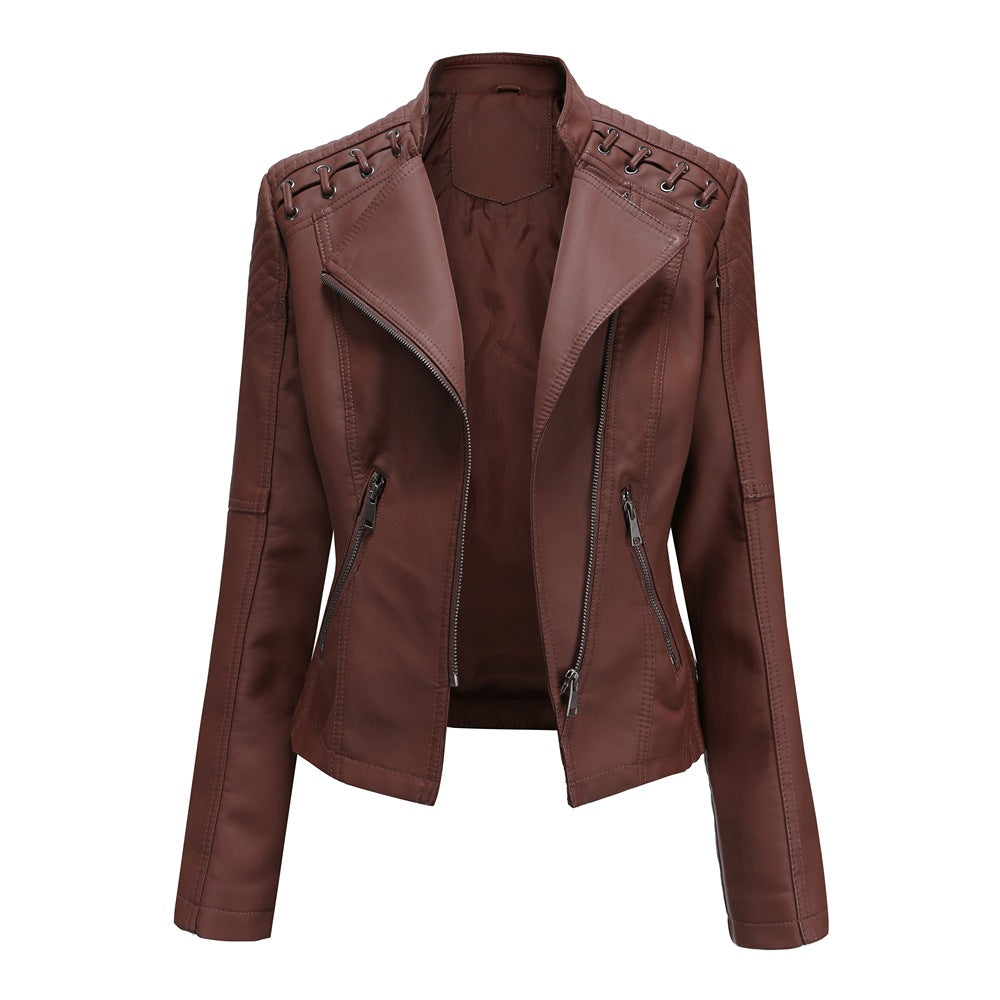 2021 cross-border European code new spring and autumn women's leather jacket women's short jacket slim thin leather jacket ladies motorcycle clothing