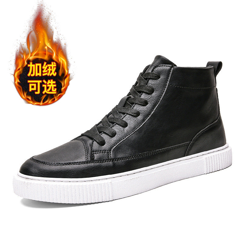 Leather shoes plus velvet warm high-top sneakers men's shoes autumn and winter men's casual Korean style sewing shoes all-match trendy shoes