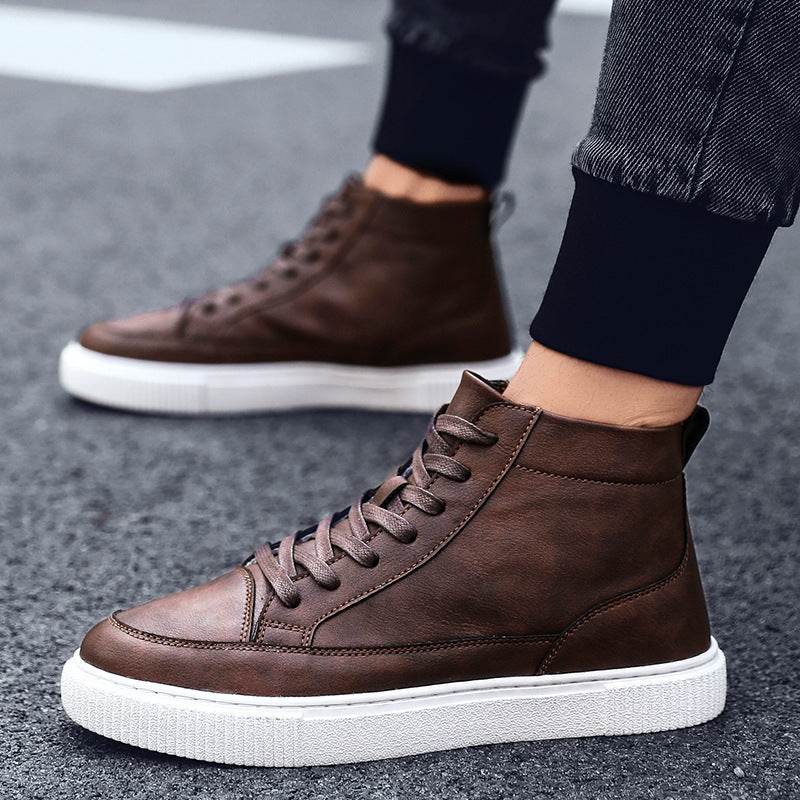 Leather shoes plus velvet warm high-top sneakers men's shoes autumn and winter men's casual Korean style sewing shoes all-match trendy shoes