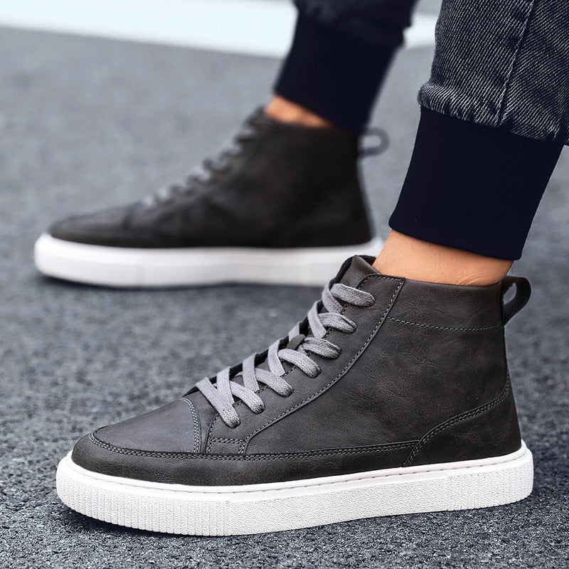 Leather shoes plus velvet warm high-top sneakers men's shoes autumn and winter men's casual Korean style sewing shoes all-match trendy shoes