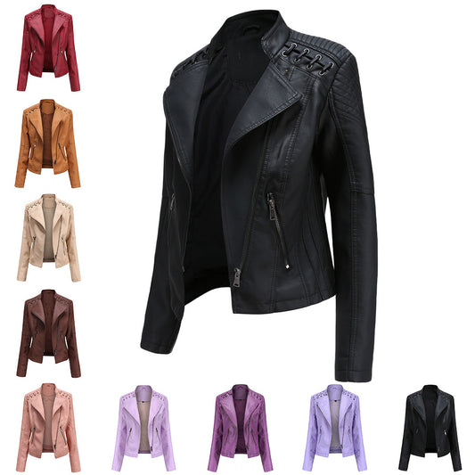 2021 cross-border European code new spring and autumn women's leather jacket women's short jacket slim thin leather jacket ladies motorcycle clothing