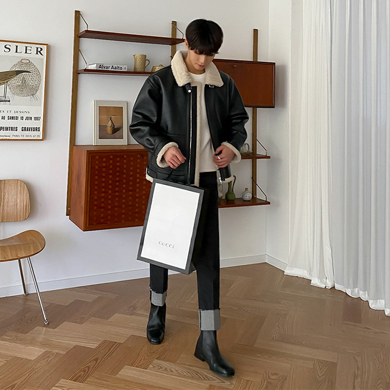 MYQ lamb fur hair male jacket short fur collar leather jacket winter plus velvet thick leather tide