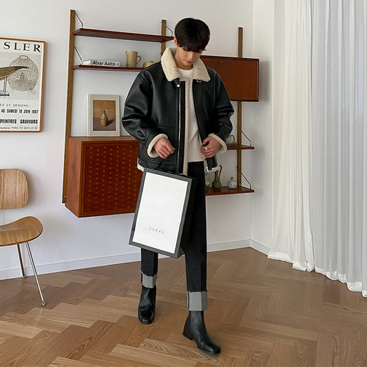 MYQ lamb fur hair male jacket short fur collar leather jacket winter plus velvet thick leather tide