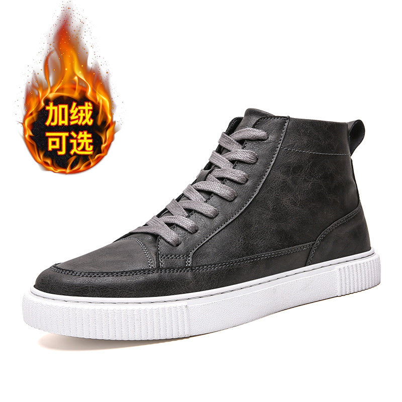 Leather shoes plus velvet warm high-top sneakers men's shoes autumn and winter men's casual Korean style sewing shoes all-match trendy shoes