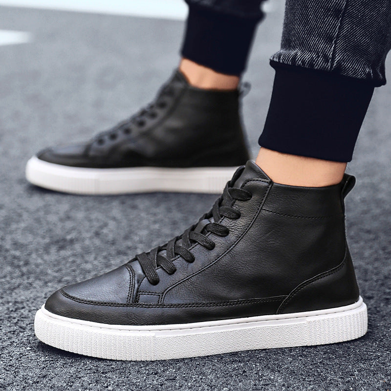 Leather shoes plus velvet warm high-top sneakers men's shoes autumn and winter men's casual Korean style sewing shoes all-match trendy shoes