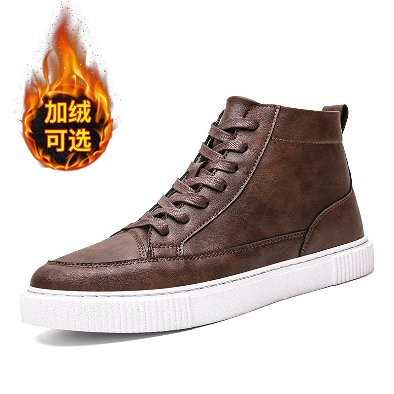 Leather shoes plus velvet warm high-top sneakers men's shoes autumn and winter men's casual Korean style sewing shoes all-match trendy shoes